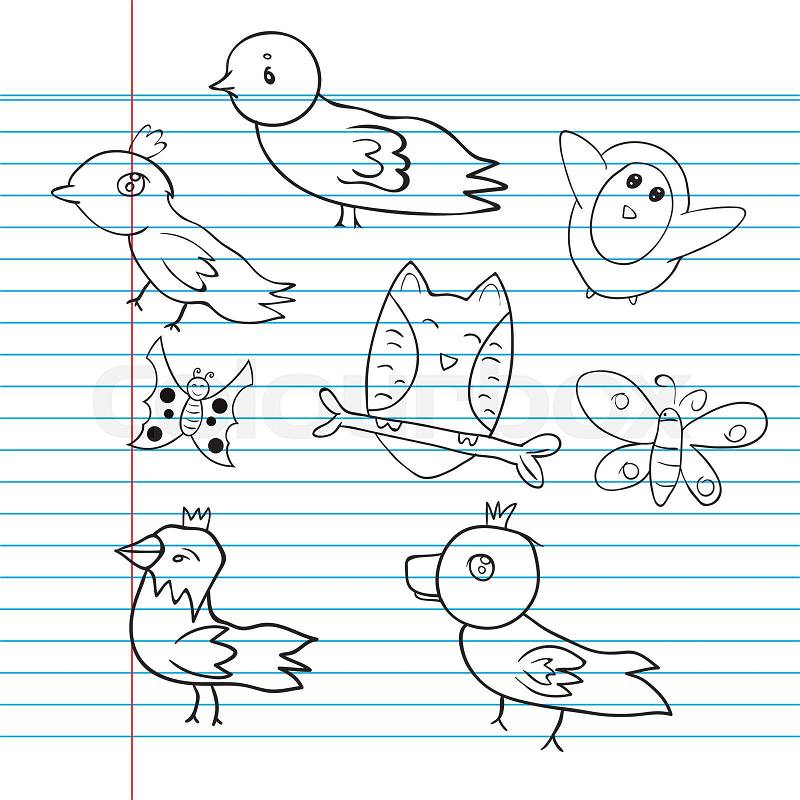 Drawings animal bird on paper by the work of children, vector