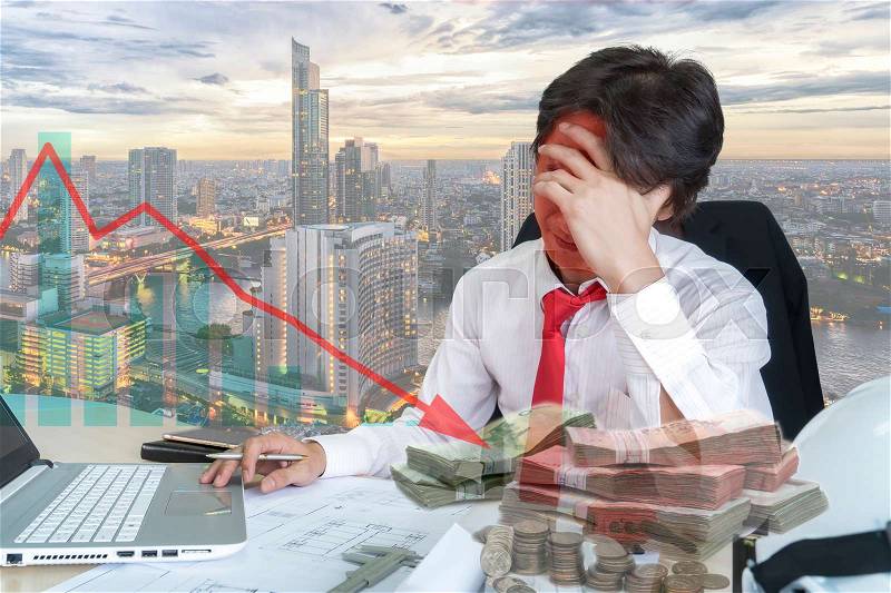 Double exposure of young businessman stressed because sales did not reach the target, stock photo