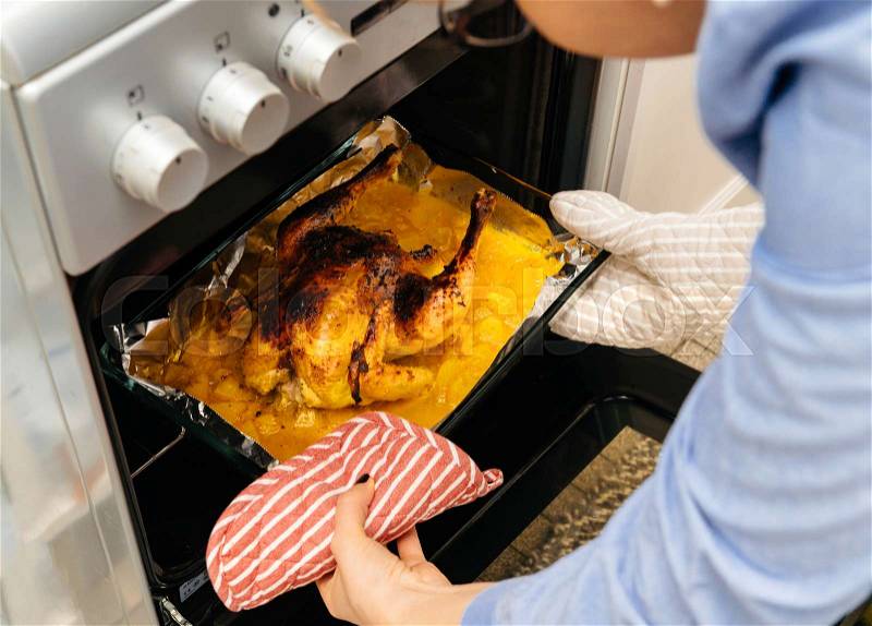 Fresh home-made roasted chicken out of the oven by woman hands wearing protection glove made under special Swedish recipe with ginger, oranges, apples and other organic food ingredients - ready to be served, stock photo