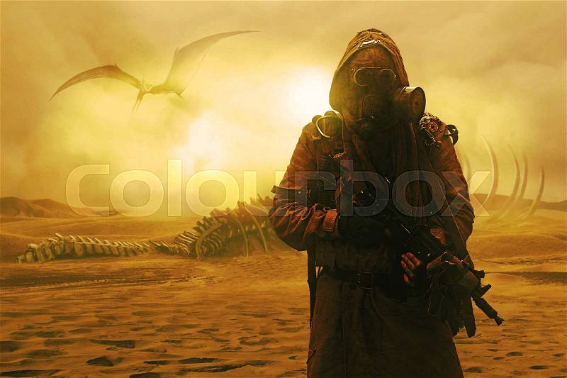 Nuclear post apocalypse. Life after doomsday concept. Grimy survivor with homemade weapons and gas mask. Desert and dead wasteland on the background, stock photo