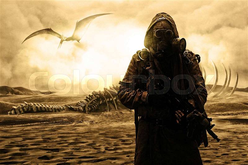 Nuclear post apocalypse. Life after doomsday concept. Grimy survivor with homemade weapons and gas mask. Desert and dead wasteland on the background, stock photo