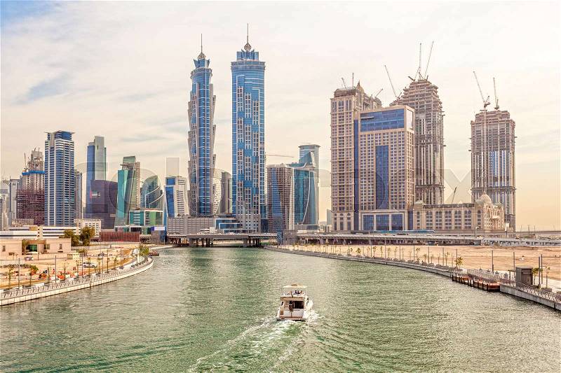 Skyline of Dubai city from the new Water Canal. United Arab Emirates, Middle East, stock photo