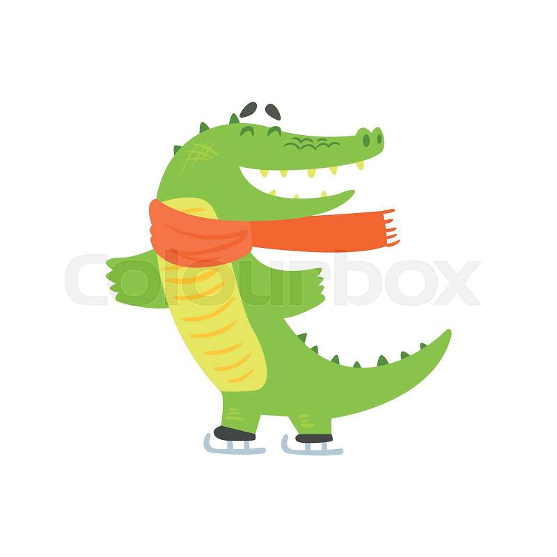 Crocodile Ice Skating, Humanized Green Reptile Animal Character Every Day Activity, Part Of Flat Bright Color Isolated Funny Alligator In Different Situation Series Of Illustrations, vector