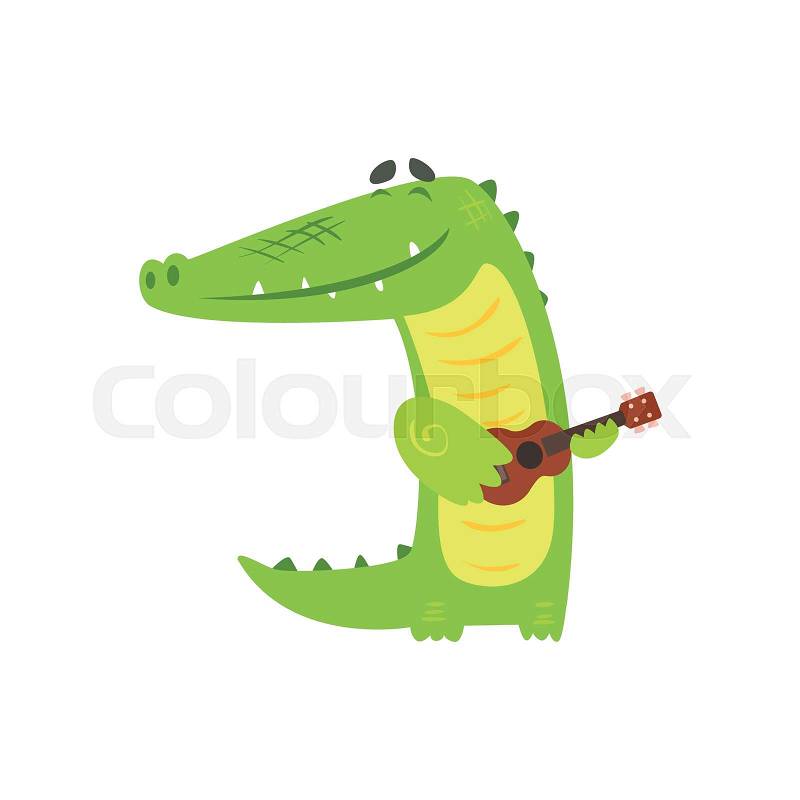 Crocodile Playing Guitar, Humanized Green Reptile Animal Character Every Day Activity, Part Of Flat Bright Color Isolated Funny Alligator In Different Situation Series Of Illustrations, vector