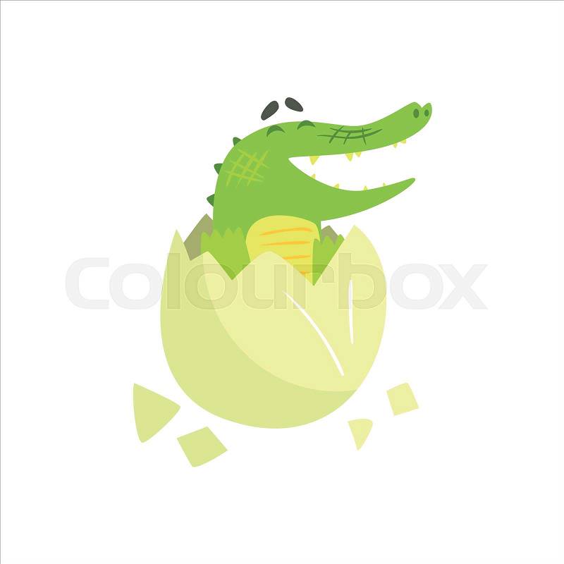 Crocodile Baby Hatching From Egg, Humanized Green Reptile Animal Character Every Day Activity, Part Of Flat Bright Color Isolated Funny Alligator In Different Situation Series Of Illustrations, vector