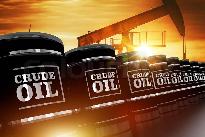 Crude Oil Trading Concept with Black Crude Oil Barrels and Oil Pump During Sunset. 3D Rendered Barrels, stock photo