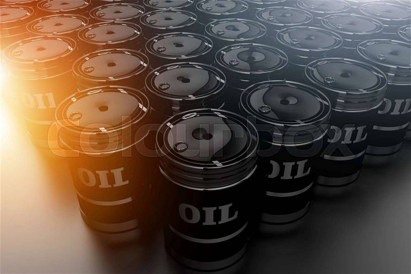 Oil Barrels Stock Concept. Black Crude Oil Barrels 3D Rendered Illustration. Fossil Fuel Energy Conceptual Illustration, stock photo
