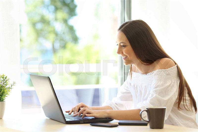Side view of a writer writing on a laptop sitting in a desk beside a window with a green background outdoors in a warm place, stock photo