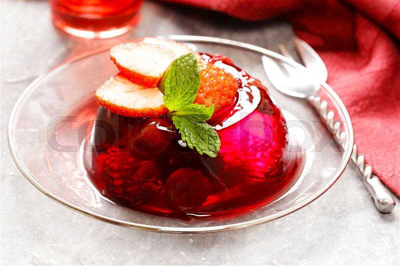 Berry fruit jelly with fresh fruits - summer dessert, stock photo