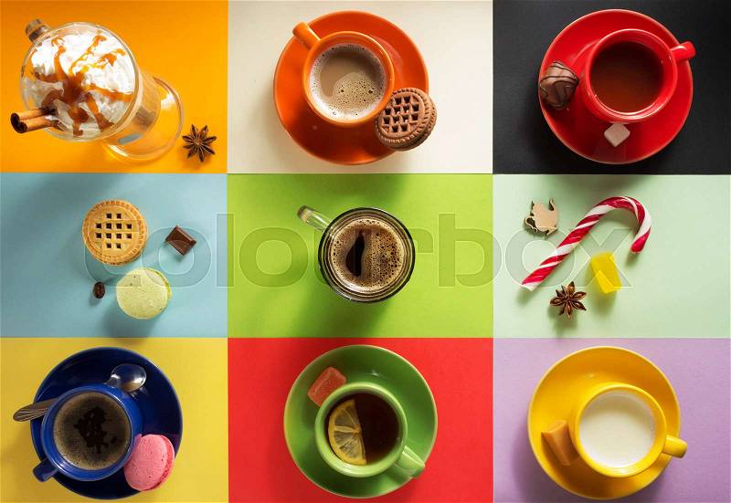 Cup of coffee, tea and cacao at paper colorful background, stock photo