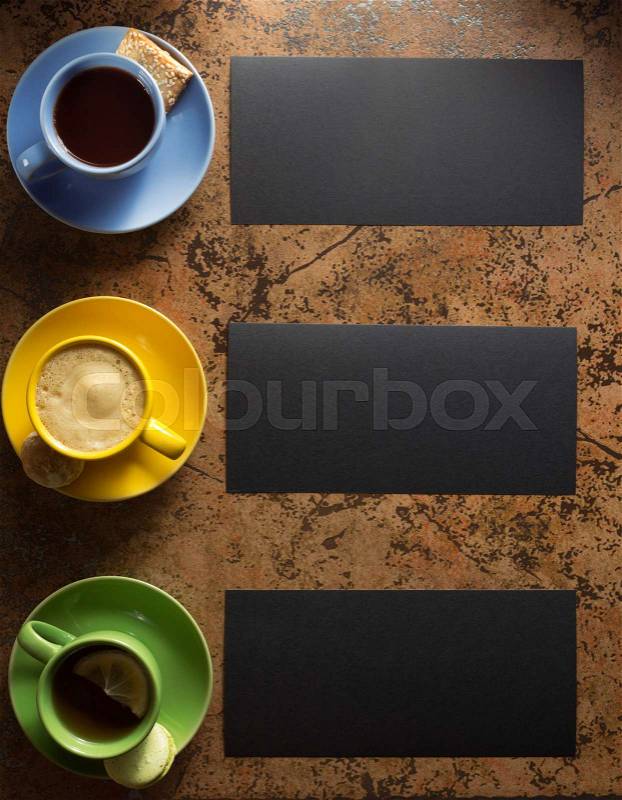 Cup of coffee, tea and cacao at abstract background, stock photo