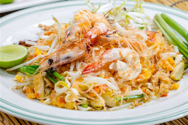 Thai Fried Noodles Pad Thai with shrimp, stock photo