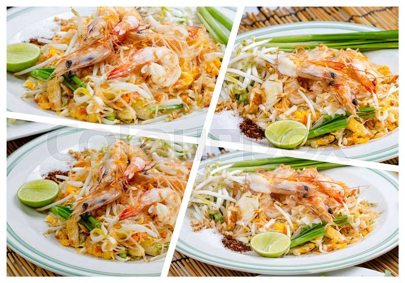Collage Picture Of Thai Fried Noodles Pad Thai with shrimp, stock photo