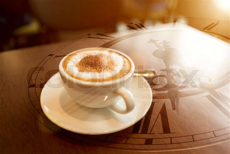 Double exposure of coffee cup with clock face, stock photo
