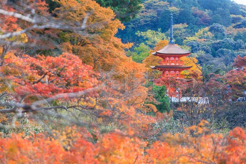Pagoda in Kiyomizu temple in autumn, Japan, stock photo