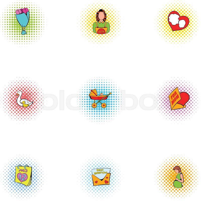 Mothers day holiday icons set. Pop-art illustration of 9 mothers day holiday vector icons for web, vector