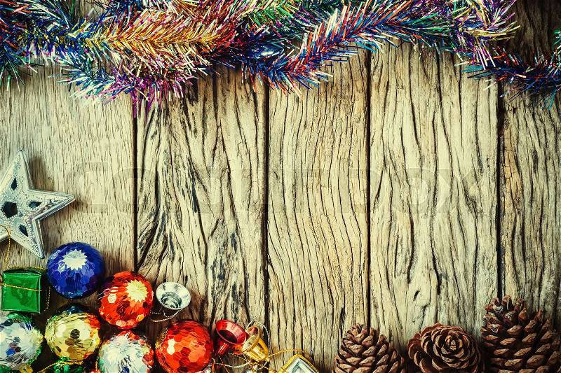 Christmas border. Decoration on wood with vintage filtered. Christmas eve background, stock photo