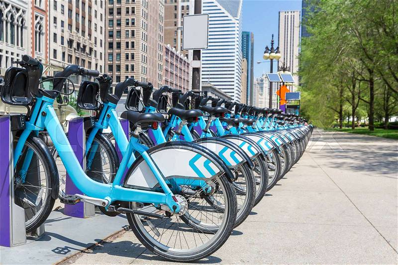 Bikes is New York City's bike sharing system. City bike rent parking in NYC, stock photo