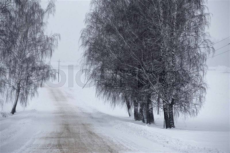 Snowfall and sleet on winter road. Ice snowy road. Winter snowstorm. Black ice and blizzard, stock photo