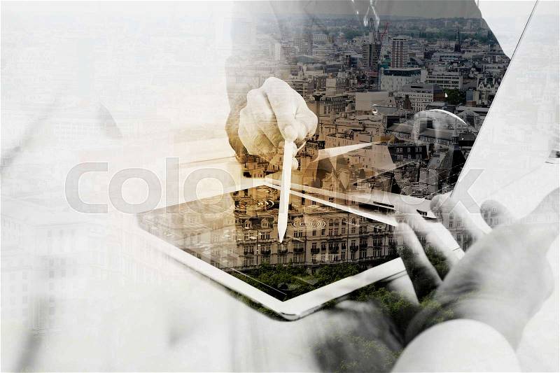Business team meeting present. Photo professional investor working with new startup project. Finance managers meeting.Digital tablet laptop computer design smart phone using.Sun flare effect, stock photo