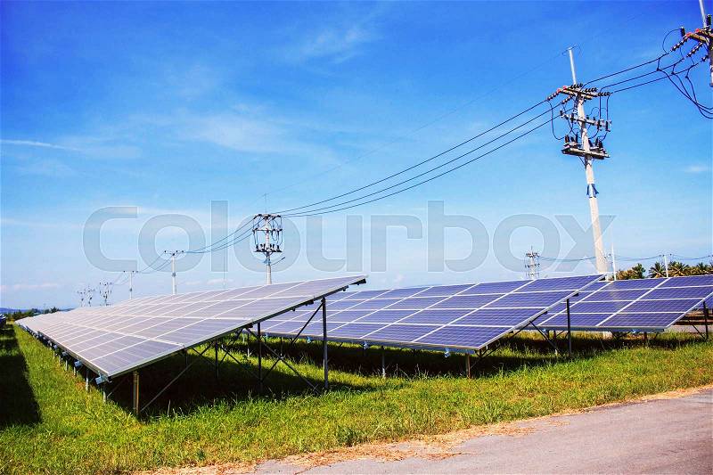 Solar panels on the lawn in the station, stock photo