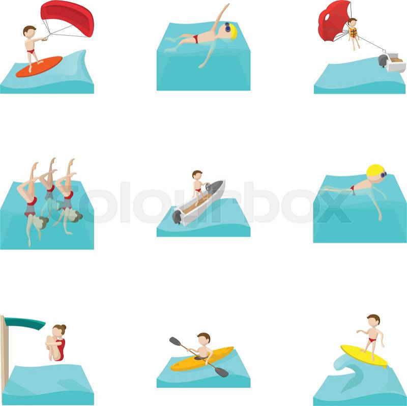 Water sport icons set. Cartoon illustration of 9 water sport vector icons for web, vector