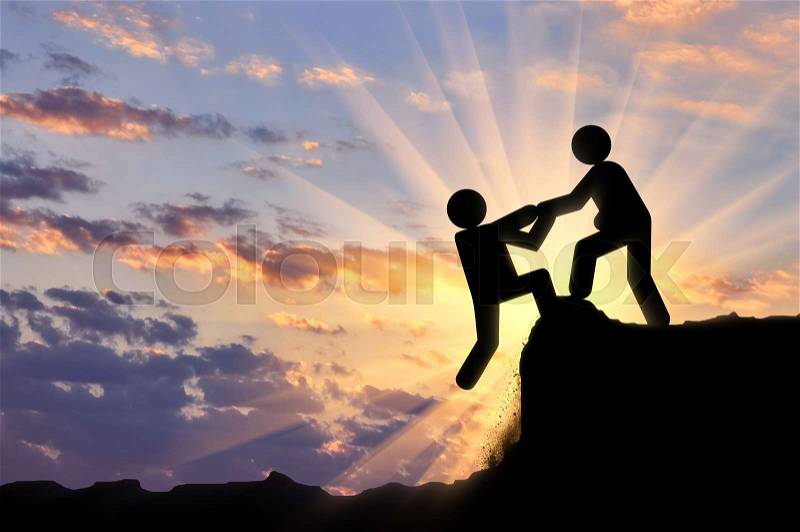 Helping hand concept. Human icon climber helping out another person climber, stock photo