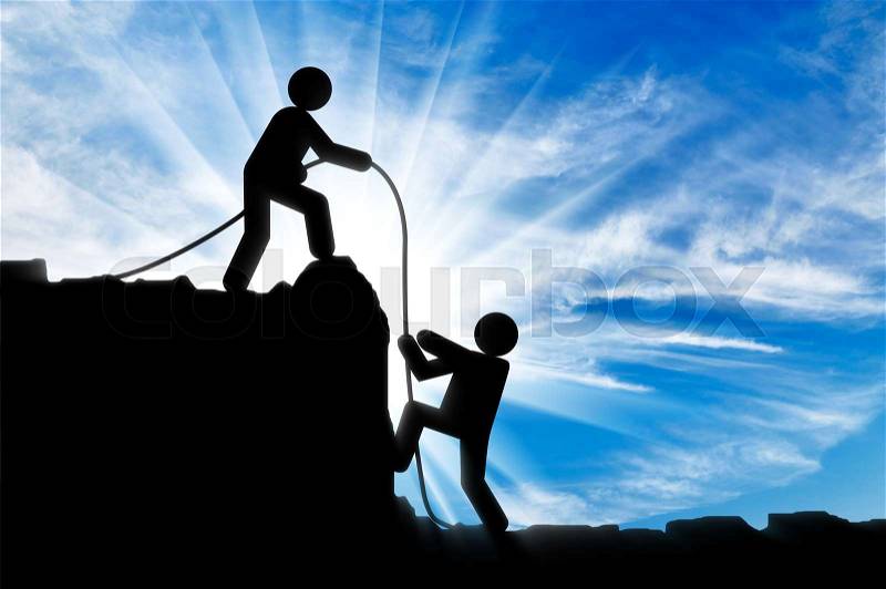 Teamwork concept. Human icon climber helping out another person climber, stock photo
