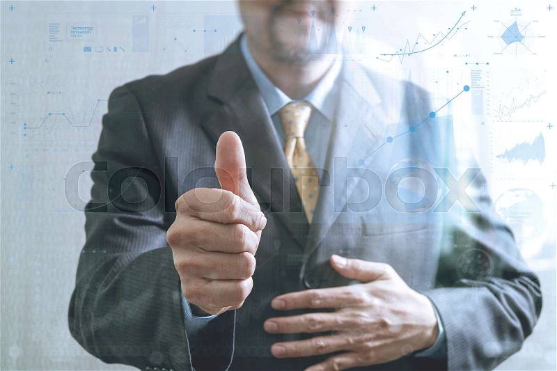 Businessman with his thumb up Front view, no head. Concept of working in an office.business strategy icons interface, stock photo