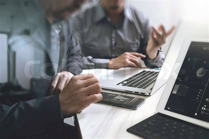 Business team meeting. Photo professional investor working new start up project. Finance task.Digital tablet docking keyboard laptop computer smart phone using, filter film effect, stock photo