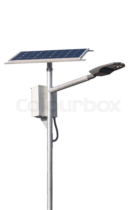 LED street lamps post with solar cell on white background, stock photo