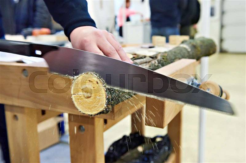 Man sawing wood handsaw on a carpentry table, stock photo