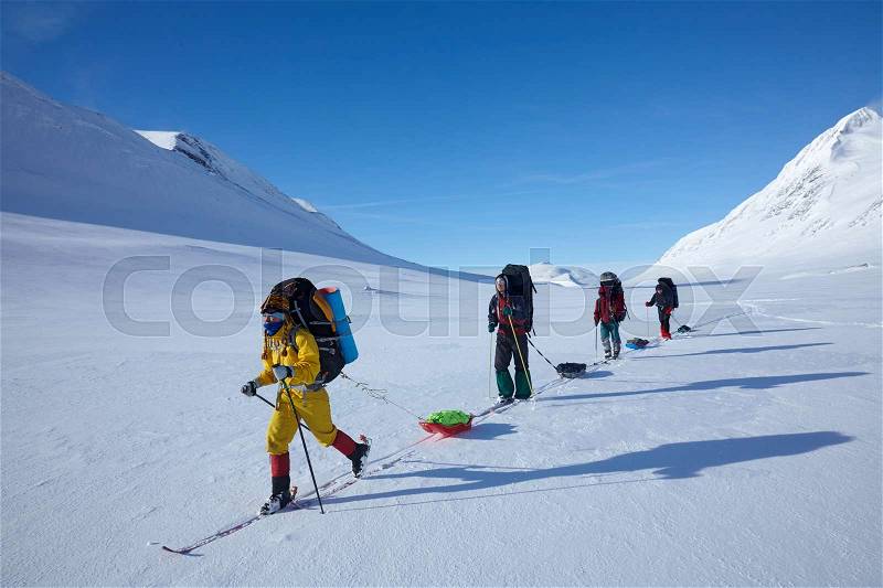 Ski touring group in colorful cloths with backpacks and sleds (pulkas) with snow covered mountains in the background. Cross country skiing in northern Sweden, beyond the Arctic Circle, stock photo