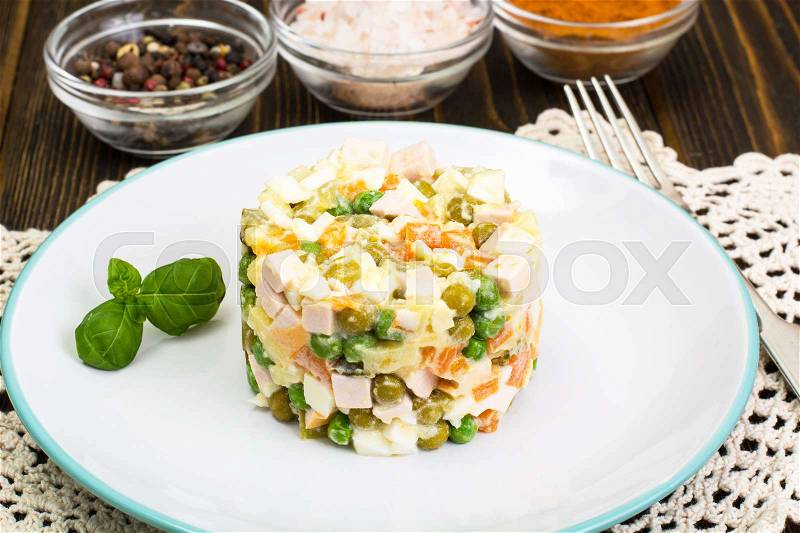 Salad of boiled vegetables with mayonnaise. Studio Photo, stock photo
