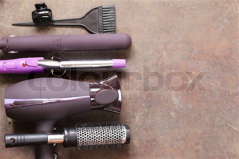 Set the tools hairdressers - hair dryer, curling iron, comb, stock photo