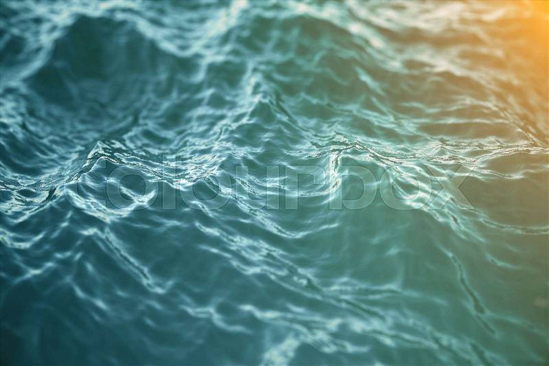 Blue water background with ripples, sea, ocean wave low angle view. Close-up Nature background. Soft focus with selective focus, 3d rendering, stock photo