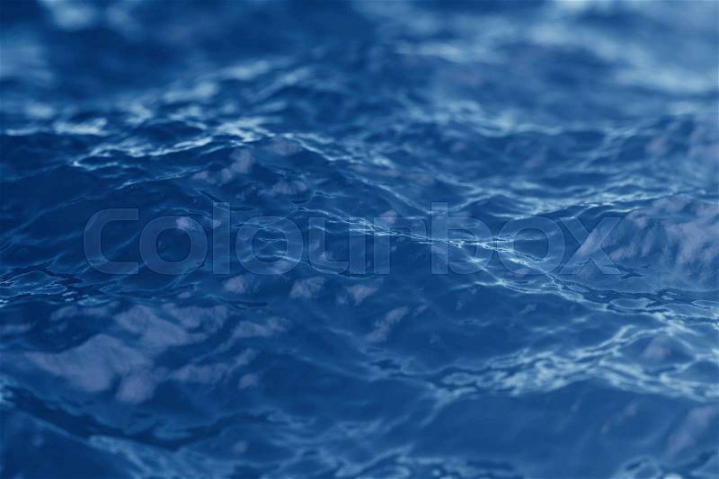 Blue water background with ripples, sea, ocean wave low angle view. Close-up Nature background. Soft focus with selective focus, 3d rendering, stock photo