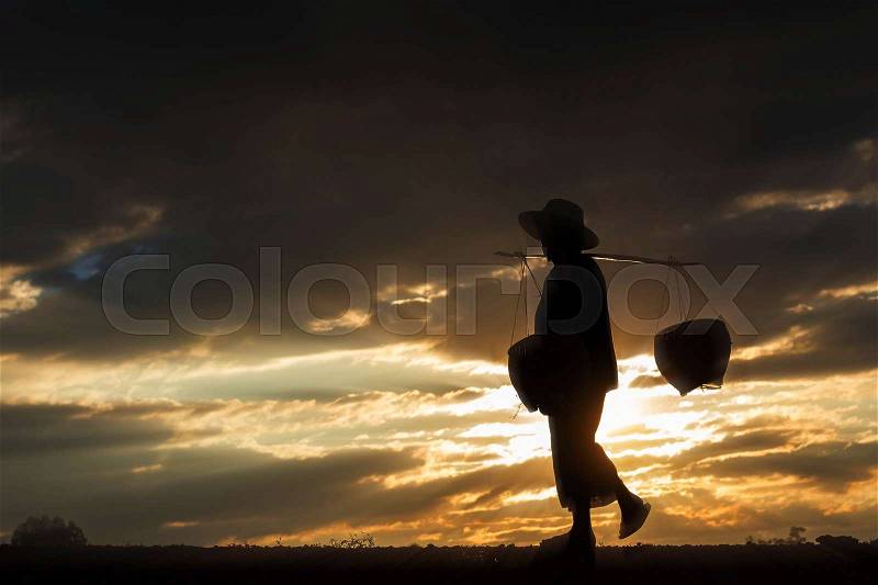 Farmers went to the basket on the field with silhouettes, stock photo