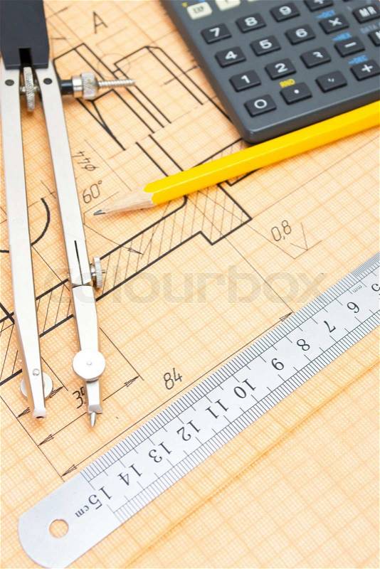 Mechanical circuit, a ruler, compass, calipers, stock photo