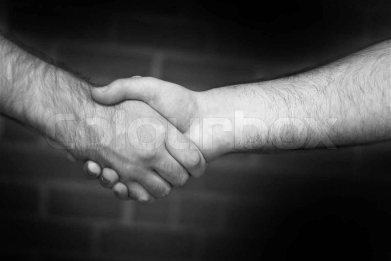 Two business men shaking hand in black and white over a brick wall backdrop, stock photo