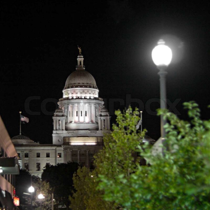 A night time view of the capital building in Providence Rhode Island, stock photo