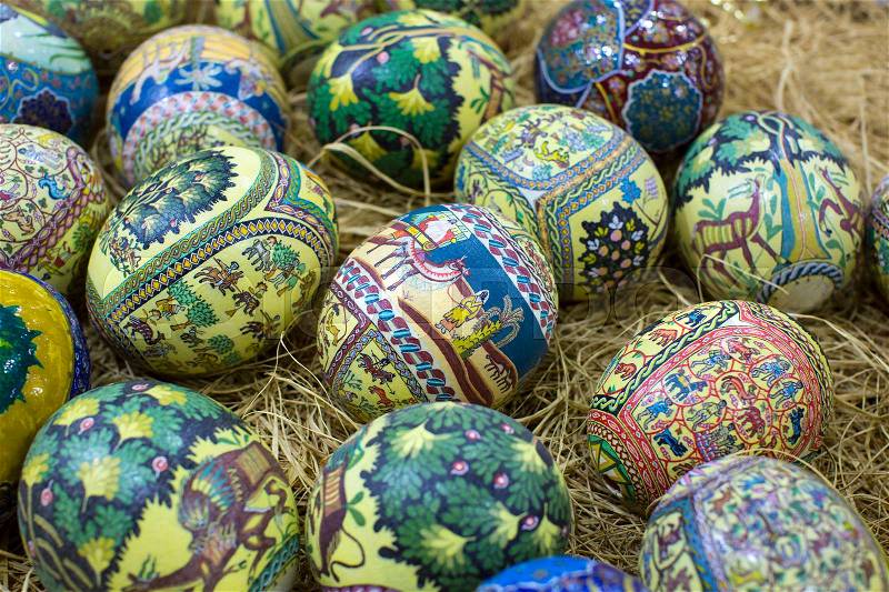 Traditional Arabic folk paintings on ostrich eggs on the eastern market, stock photo