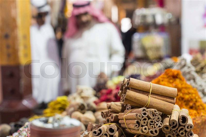 Dubai Spice Souk or the Old Souk is a traditional market in Dubai, United Arab Emirates (UAE), selling a variety of fragrances and spices, stock photo