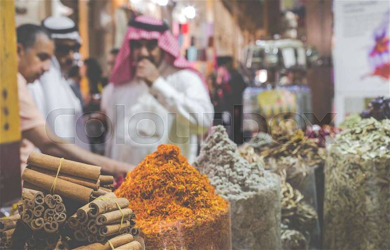 Dubai Spice Souk or the Old Souk is a traditional market in Dubai, United Arab Emirates (UAE), selling a variety of fragrances and spices, stock photo
