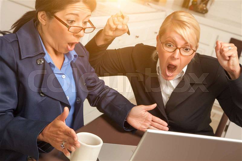 Businesswomen Celebrate Success on the Laptop in the Kitchen, stock photo