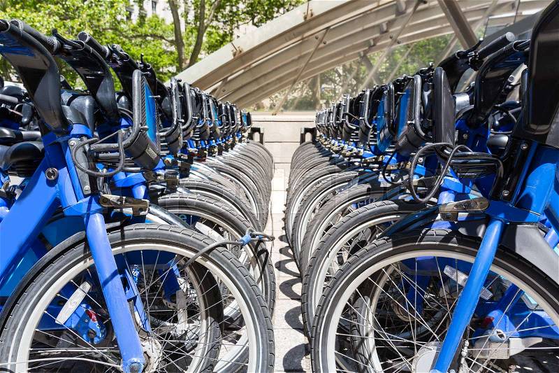 Bikes is New York City\'s bike sharing system. City bike rent parking in NYC, stock photo