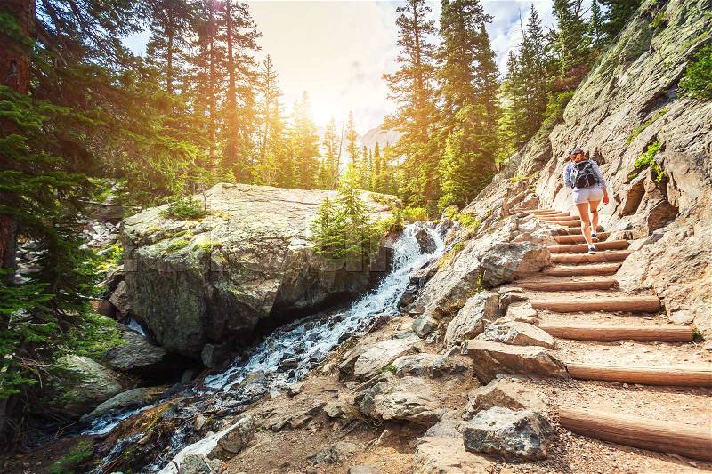 Stone stairs along mountain river on tourist route at Estes Park, Colorado US, stock photo
