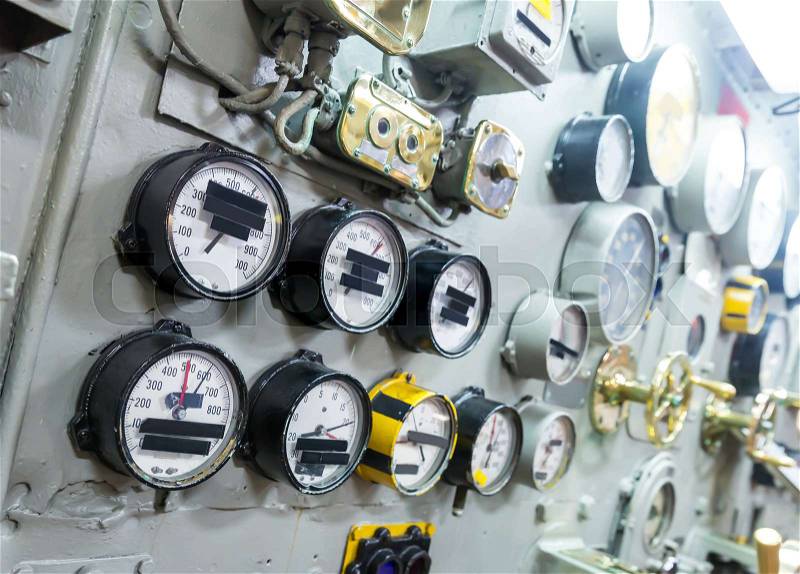 Engineering interior of aircraft carrier including pipes, cables, pumps, stock photo