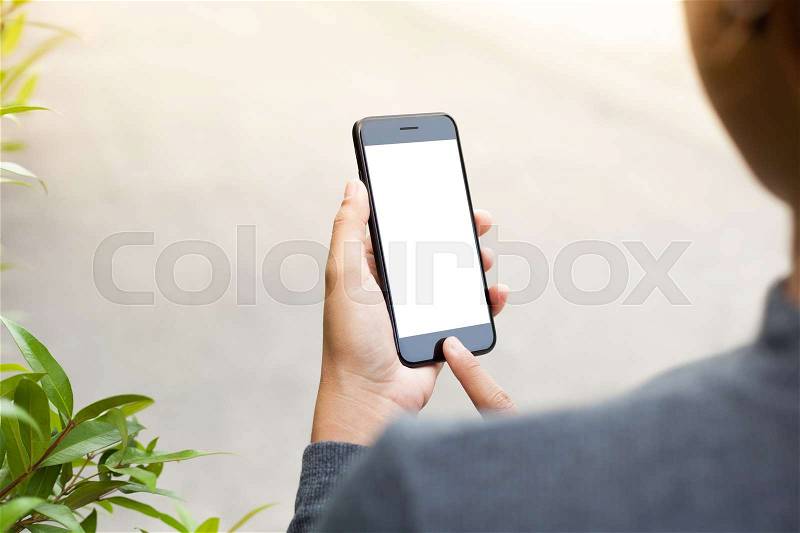 Close-up phone mobile in woman hand holding and touch on blank screen, new modern people lifestyle, stock photo
