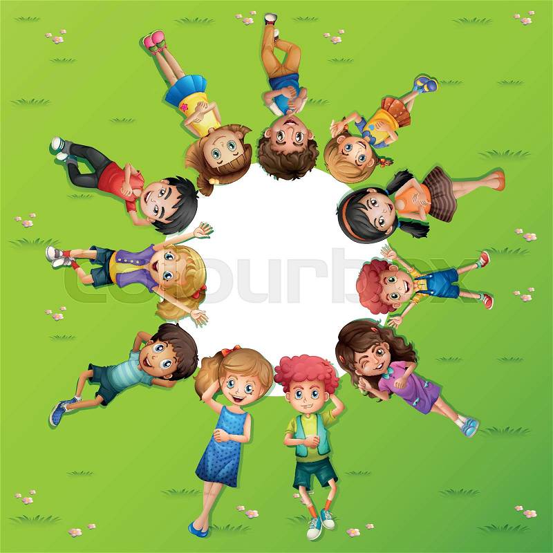 Boys and girls lying on grass illustration, vector